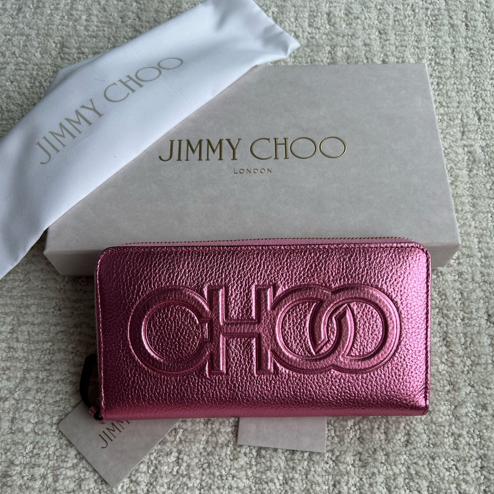 Jimmy Choo Bettina Leather Continental Long Zippy Wallet Peony Pink NEW